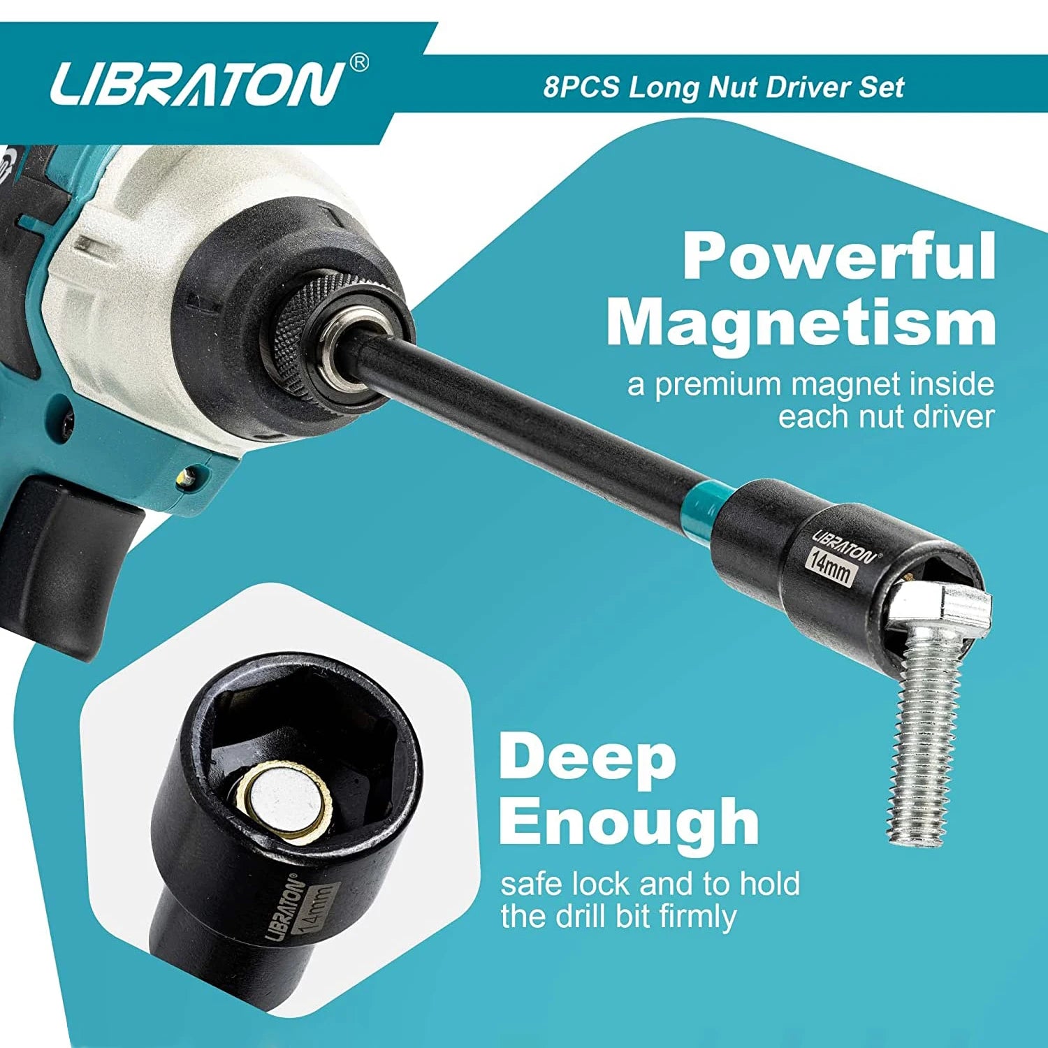 LIBRATON 8PCS Magnetic Nut Driver Set, Nut Drivers 6", Metric / SAE Nut Drivers, Shank Nut Driver Bits, 1/4"Hex Shank, Long Bits