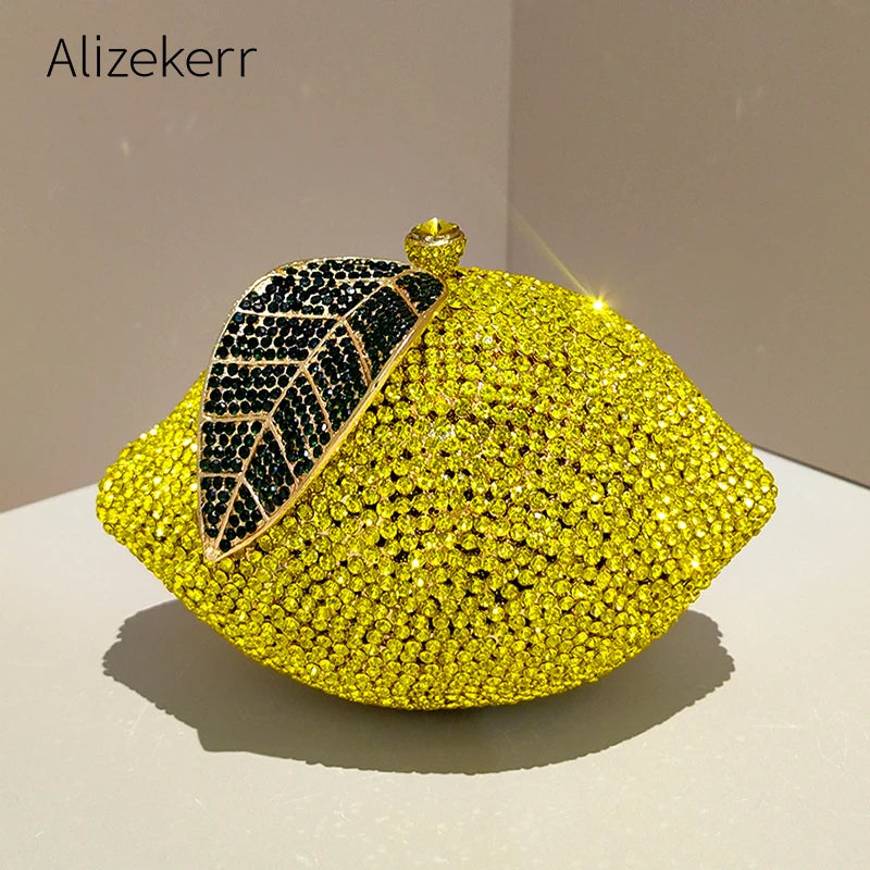 Alizekerr Lemon Shaped Diamond Evening Bags Women Gorgeous Unique Bling Rhinestone Metallic Purses And Handbags Wedding Party
