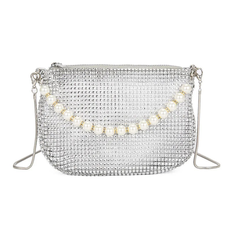 Pearl Handle Full Rhinestone Bags Handbags Gold Shoulder Bags Evening Party Clutch Fashion Luxury Purse Banquet Glitter Prom Sac