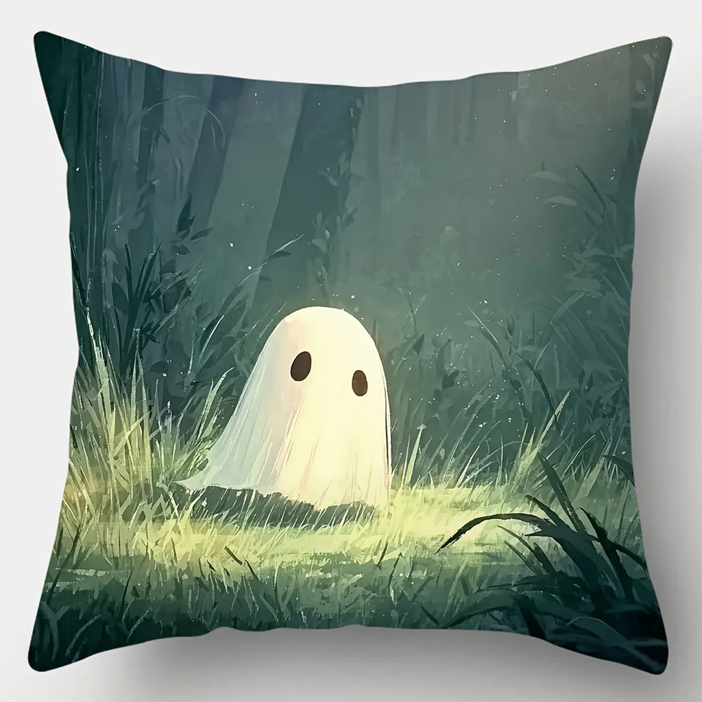 4-Piece 2D Printed Pillowcase Set – Cute Ghosts in Forest, Waterside, Swing & Tree Branch Scenes