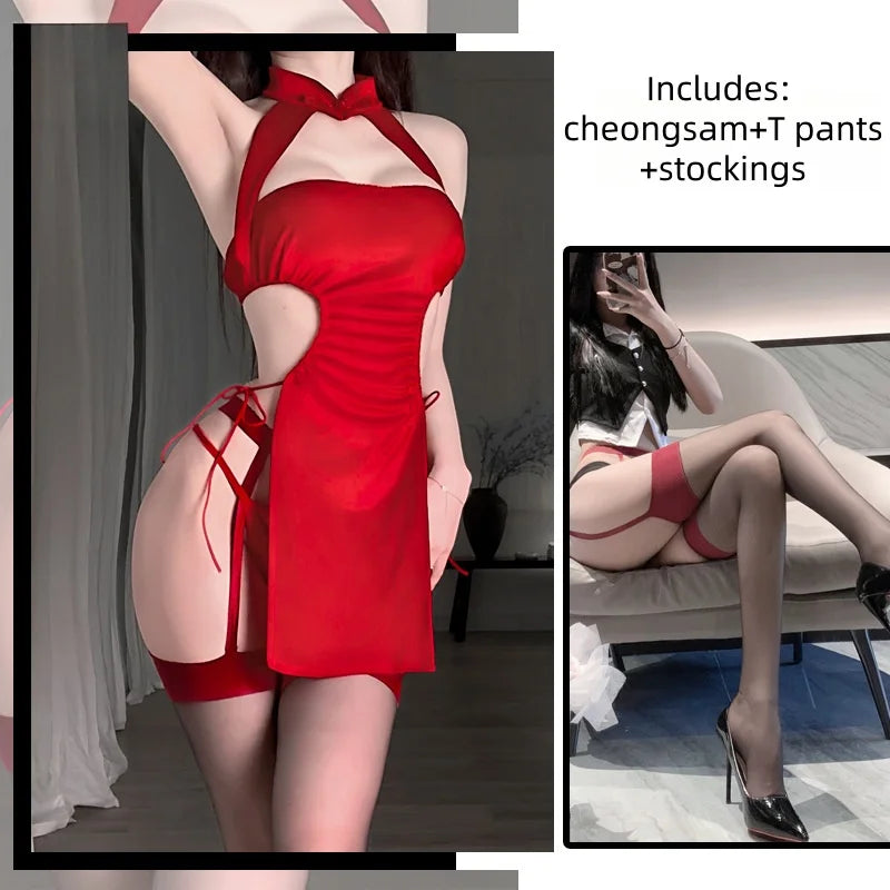 New Hot Flirtatious Bare Midriff Sleeveless Backless Sexy Lingerie Hot Passionate Suit Sexy Pajamas Cheongsam Uniform Temptation