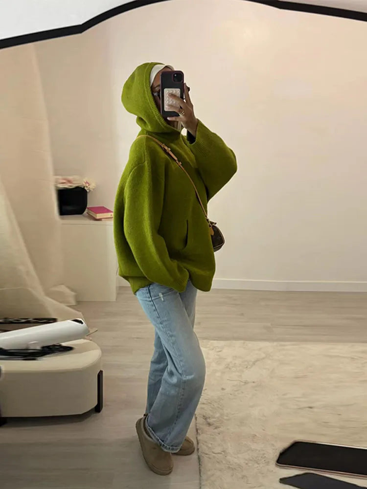 Green Sweater Knitted Women Hooded Casual Long Sleeve Solid Loose Woman Pocket Pullover Jumper 2026 Spring Female Sweaters Top