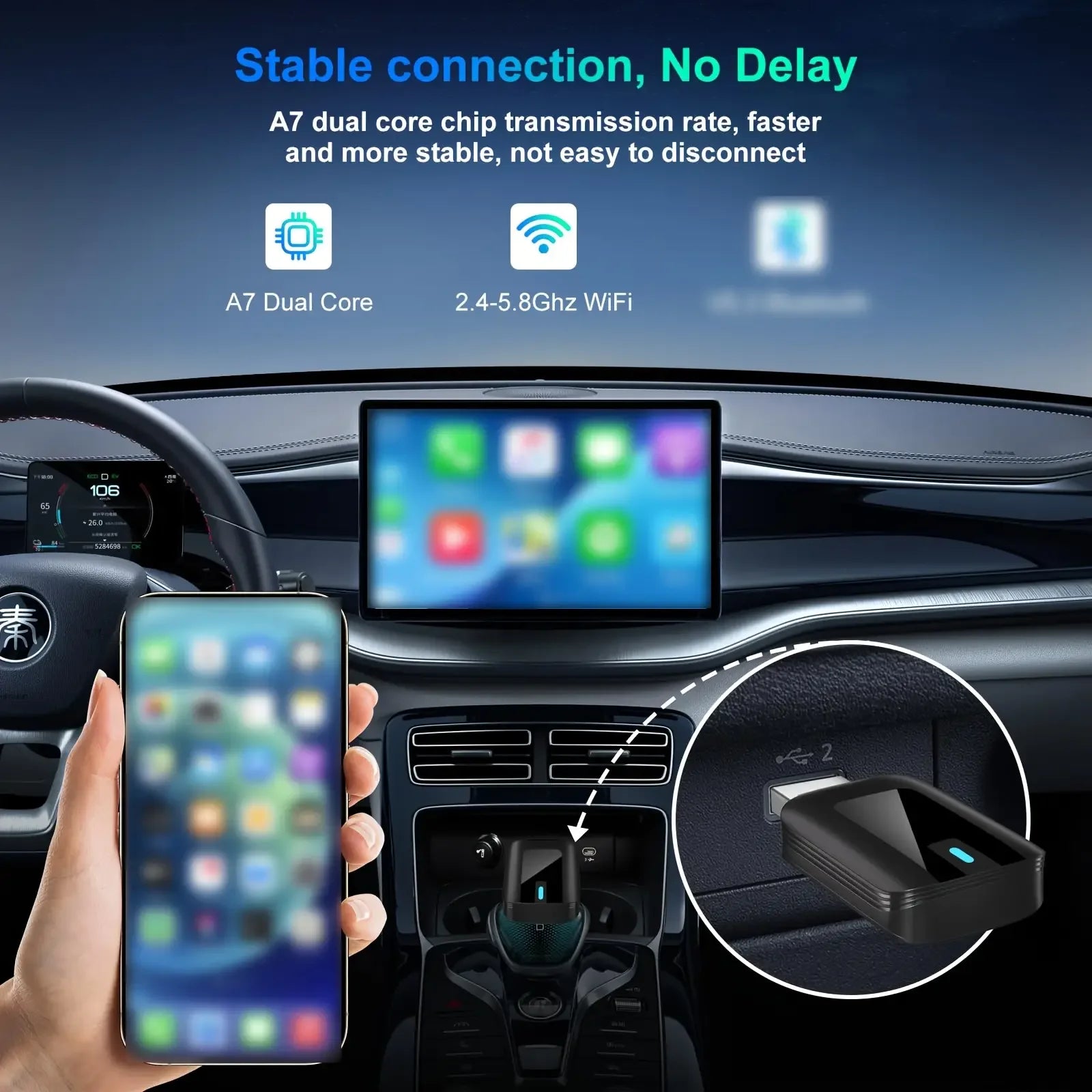 Wireless CarPlay Adapter Convert Wired CarPlay to Wireless for iPhone & Android Auto Plug & Play,Fast Auto-Connect
