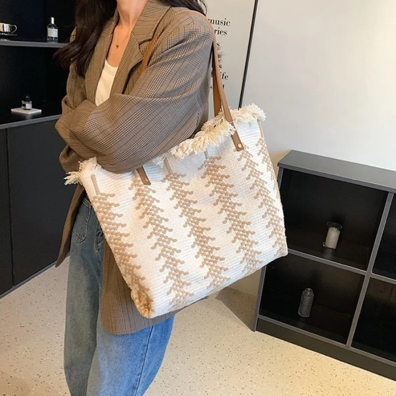 Women's 2026 New Tassel Knitted Canvas Handbag Versatile Multi in One Commuter Shoulder Bag Retro Lazy Style Casual Tote Bag