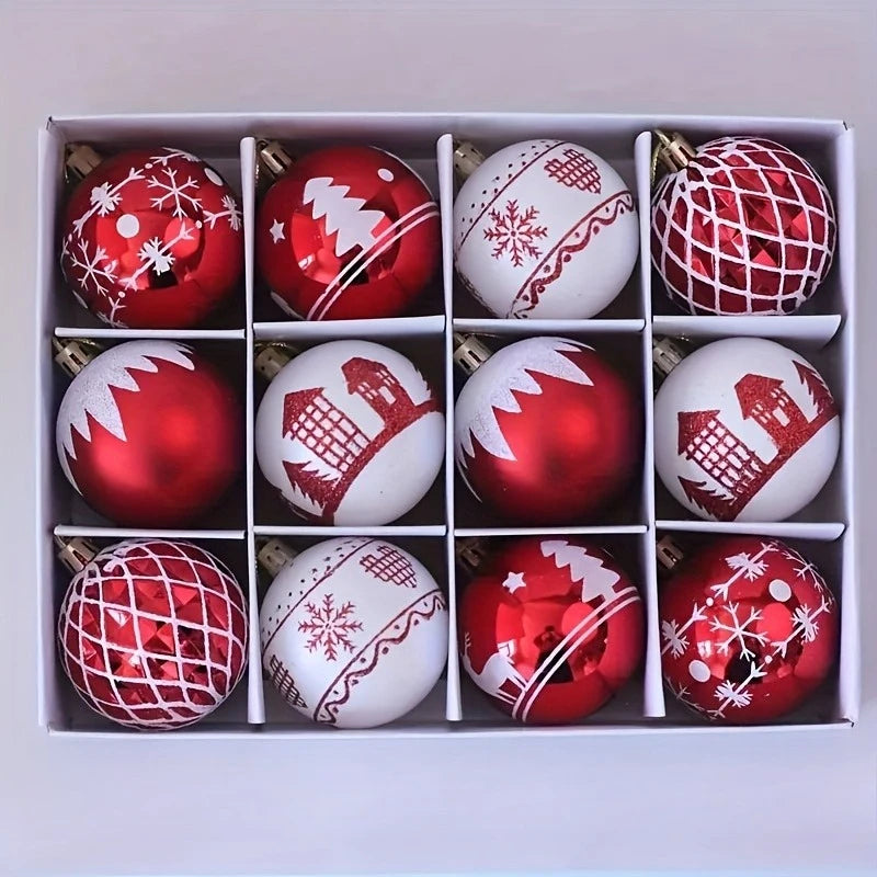 12pcs Red and White Christmas Balls Decorations, Mixed Shapes Plastic Christmas Ornaments, Holiday, Wedding and Party Supplies.