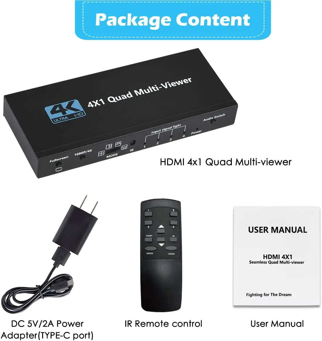 4K 4x1 9x1 HDMI Quad Multiviewer 4 9 Screen 9x1 Seamless Switch 9 In 1 out with Remote for Camera Monitor Switch Adapter