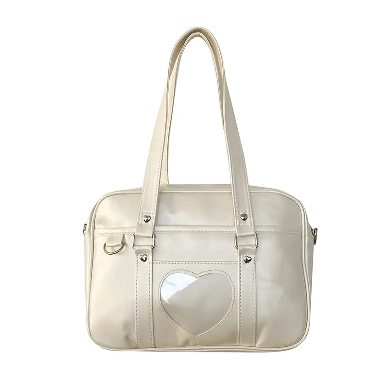 PU leather JK uniform single-shoulder heart large-capacity waterproof commuter crossbody bag for girls