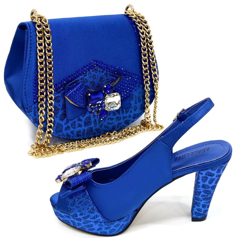 Newest Pink Color Pumps Women High Heels Decorated with Rhinestone Flower Design Party Women's Shoes and Bags Set
