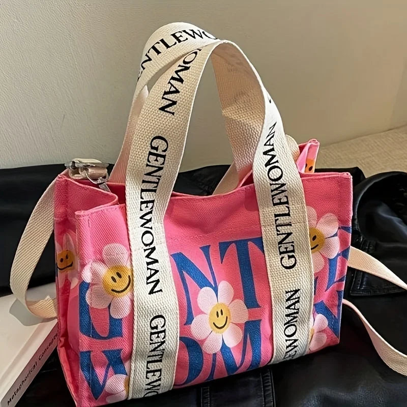 Dopamine Colorful Women's Crossbody Bags Fashionable Canvas Shoulder Bag Flower Print Tote Handbags Shopping Bag