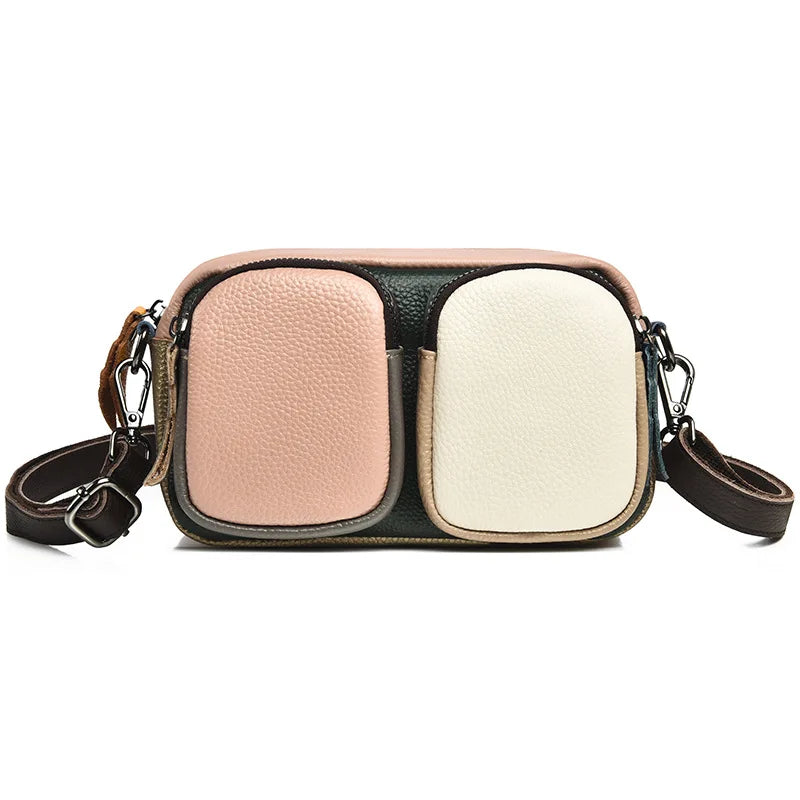 Women's color-blocking, large-capacity single-shoulder bag with top layer cowhide and multi-functional crossbody bag