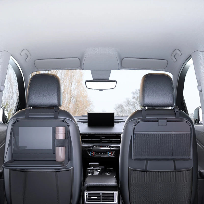 Car Seat Back Organizer Foldable Table Tray  PU Leather Auto Backseat Headrest Cup Holder Universal Phone Pockets For Rear Seat