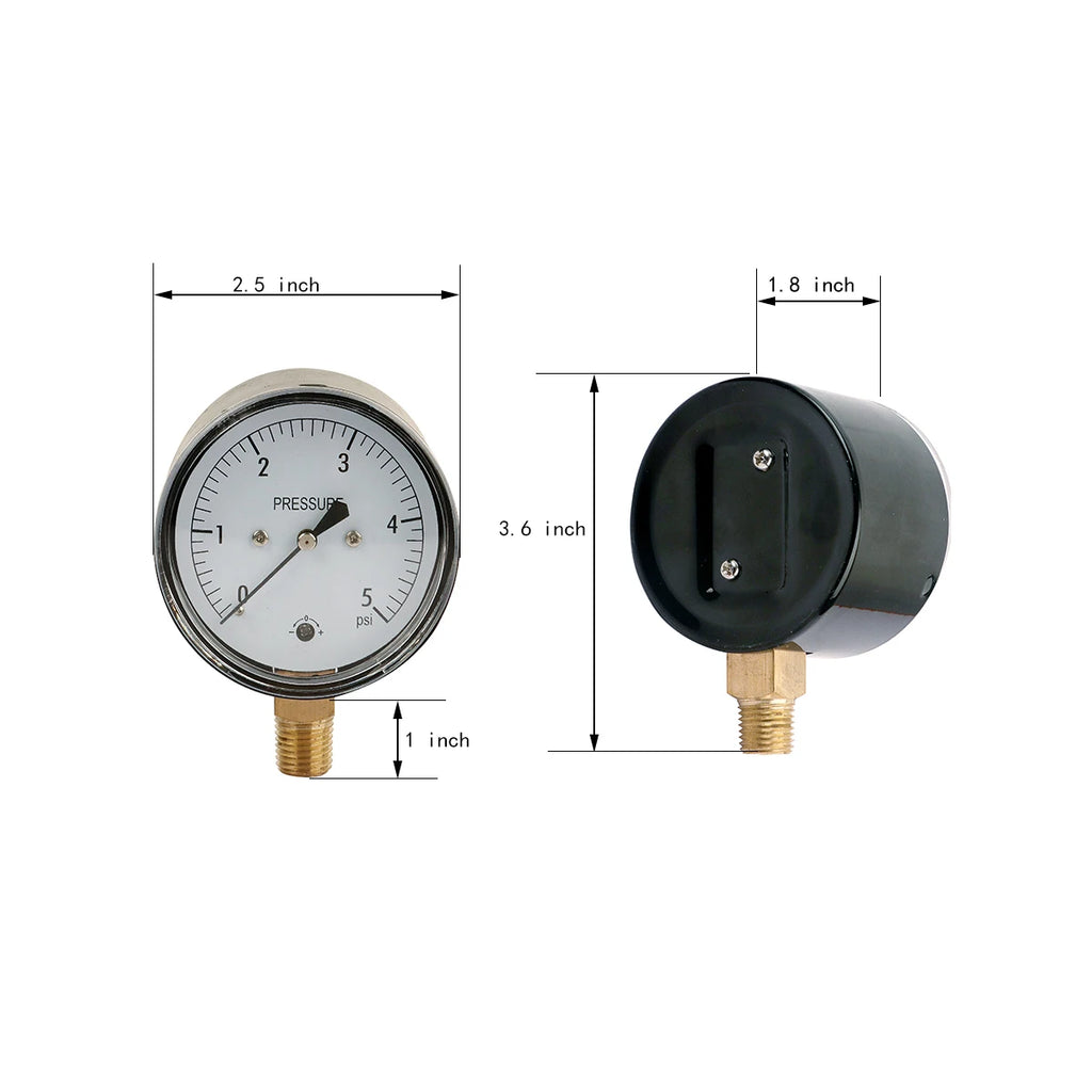 JIVTO Low Capsule Pressure Gauge 2-1/2  Dia, 1/4 NPT Lower Mount 3, 5,10 Psi 15, 20,30,60 IWC