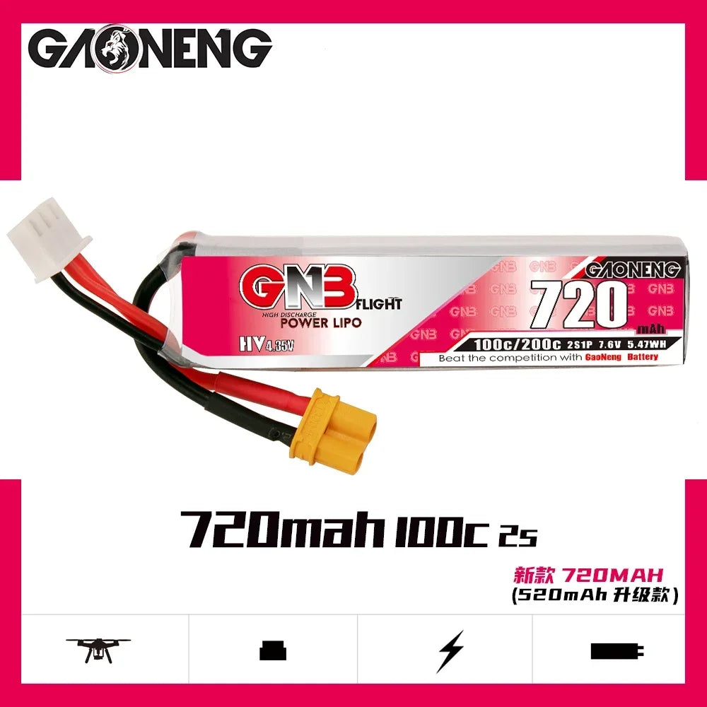GAONENG GNB Lipo Battery 720mAh 7.6V 2S 100C 200C XT30U-F Connector For RC FPV Whoop Frame Kit Tinywhoop Racing Drone