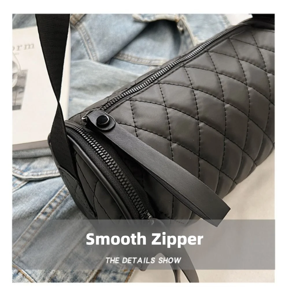 Simple Solid Color Cylinder Bag Round Diamond Bucket Bag Nylon Wide Shoulder Strap Barrel Bag Travel