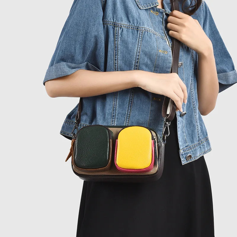 Women's color-blocking, large-capacity single-shoulder bag with top layer cowhide and multi-functional crossbody bag
