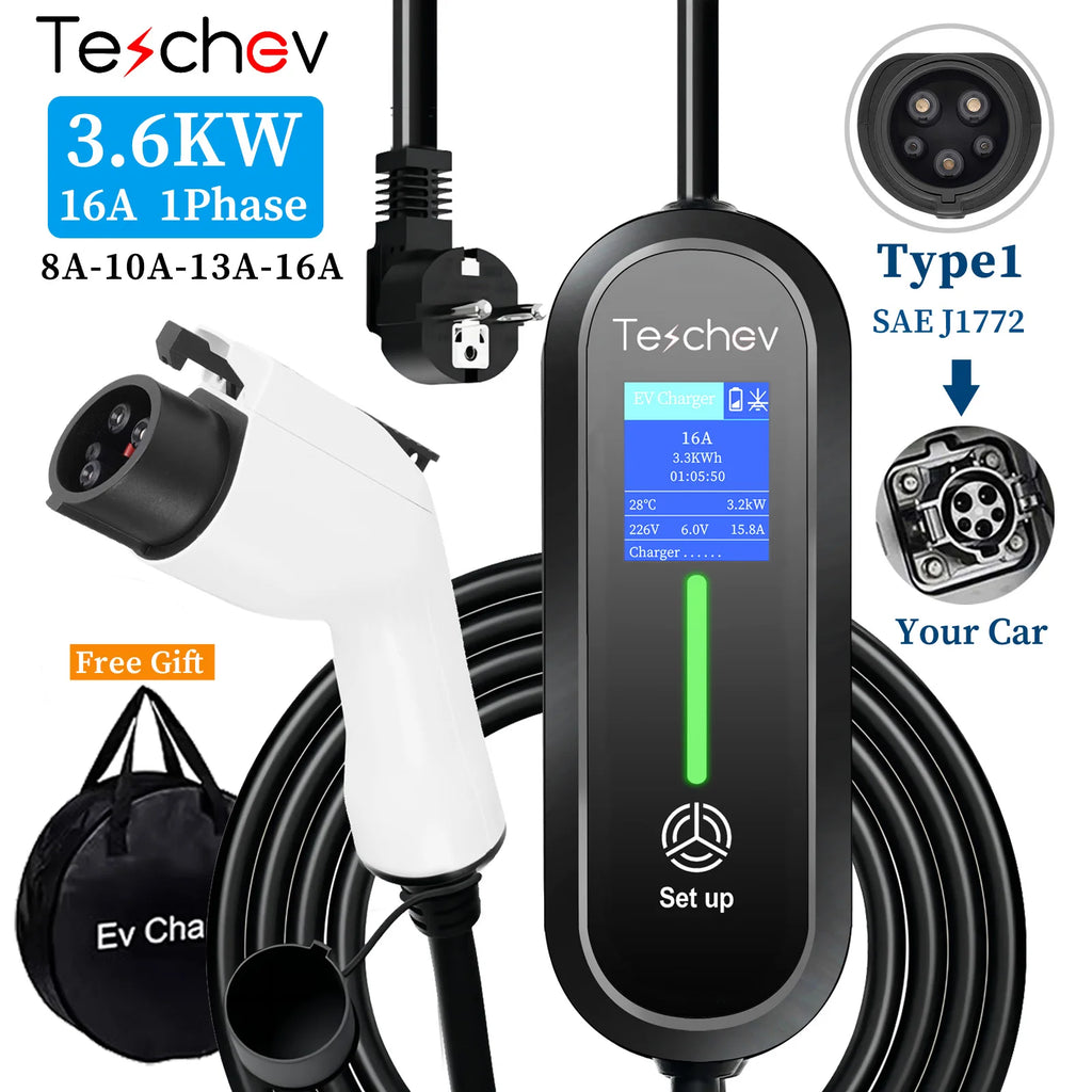 Teschev Type 1 Portable EV Charger 16A 1Phase 3.5KW J1772 Electric Car Charger EVSE Fast Charging Wallbox EV Charging Station
