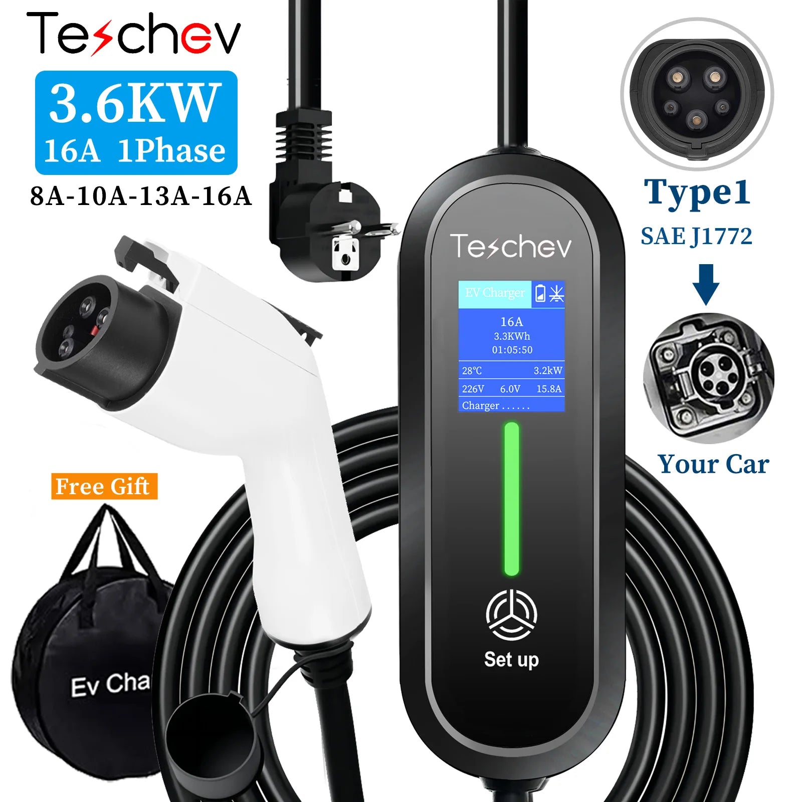 Teschev Type 1 Portable EV Charger 16A 1Phase 3.5KW J1772 Electric Car Charger EVSE Fast Charging Wallbox EV Charging Station