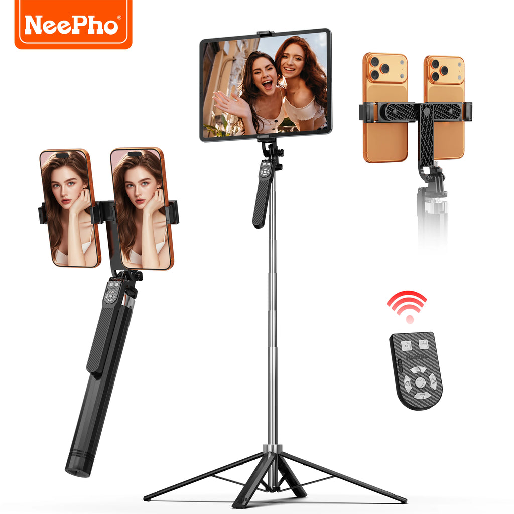 NeePho 185cm Extendable Selfie Stick Tripod NP-L9, Dual Phone Holder, Wireless Remote, Quadruped Stand, for Phone/Tablet/Gopro