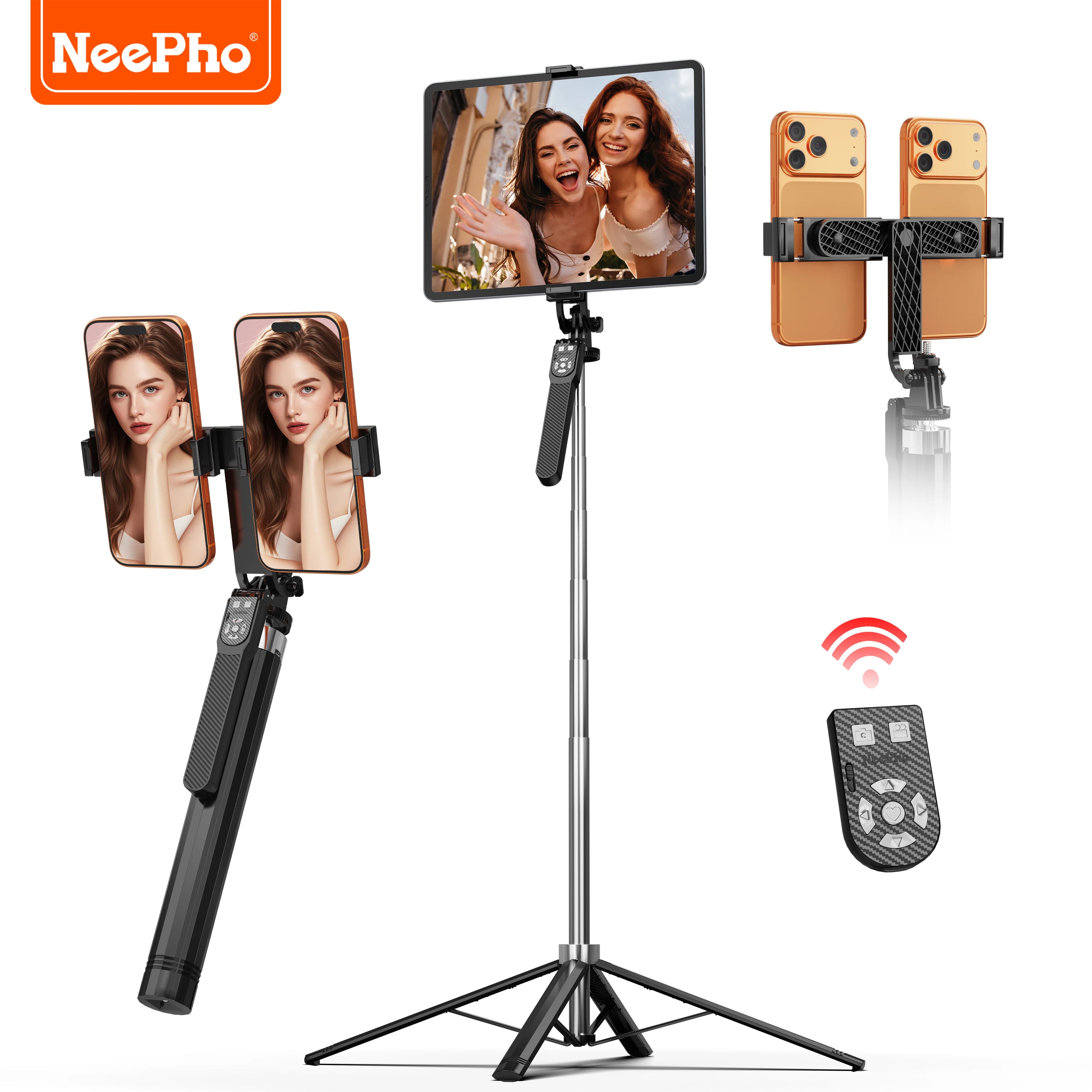 NeePho 185cm Extendable Selfie Stick Tripod NP-L9, Dual Phone Holder, Wireless Remote, Quadruped Stand, for Phone/Tablet/Gopro