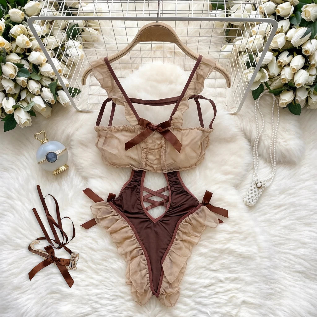 Sexy Bodysuits Bowknot Patchwork Mesh Hollow Hotsweet Lovely Bear Soft Gauze Playsuit Pajama Club Cosplay Costume Women Clothing