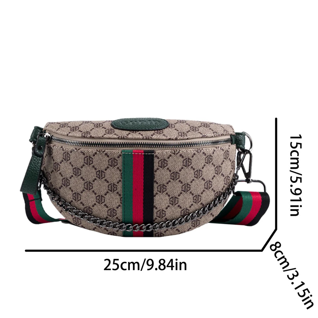 Classic Geometric Pattern Fashion Crossbody Bag Lightweight Zipper PU Adjustable Striped Strap Waist Bag for Commute
