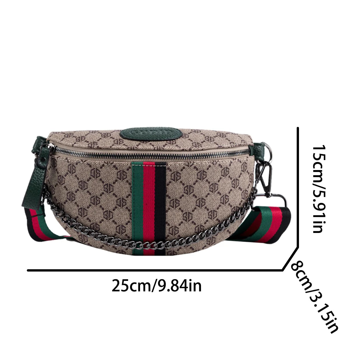 Classic Geometric Pattern Fashion Crossbody Bag Lightweight Zipper PU Adjustable Striped Strap Waist Bag for Commute