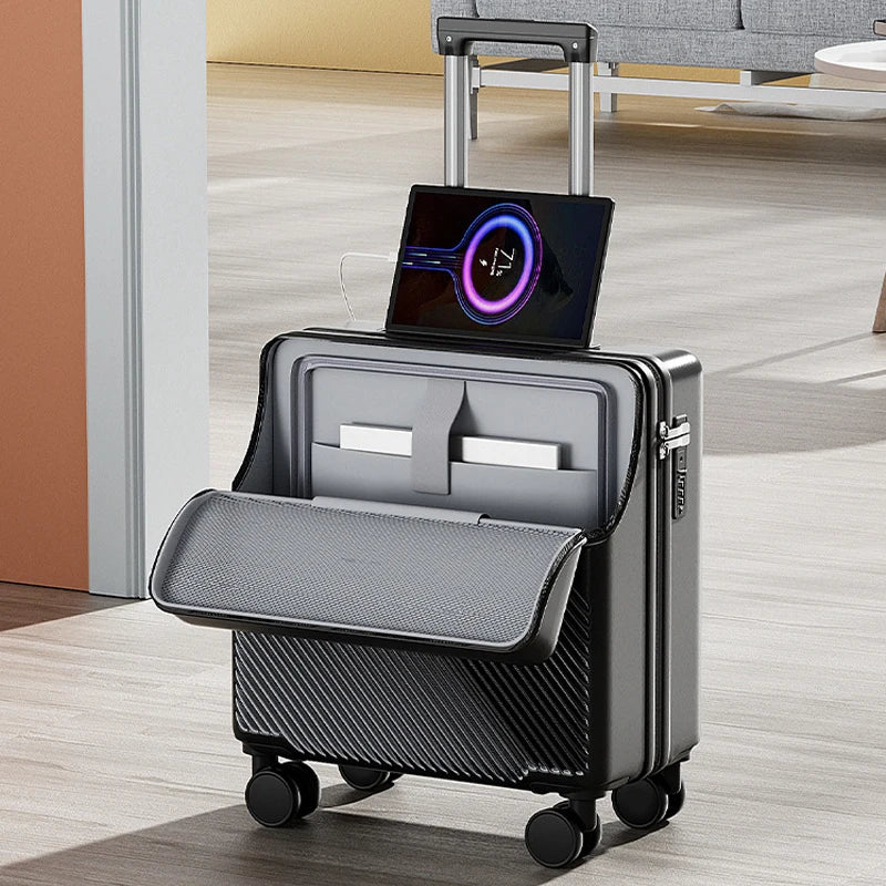 18 inch Front Opening Travel Suitcase Trolley Luggage Password Case Cabin Boarding Suitcase With USB Charging Port Cup Holder