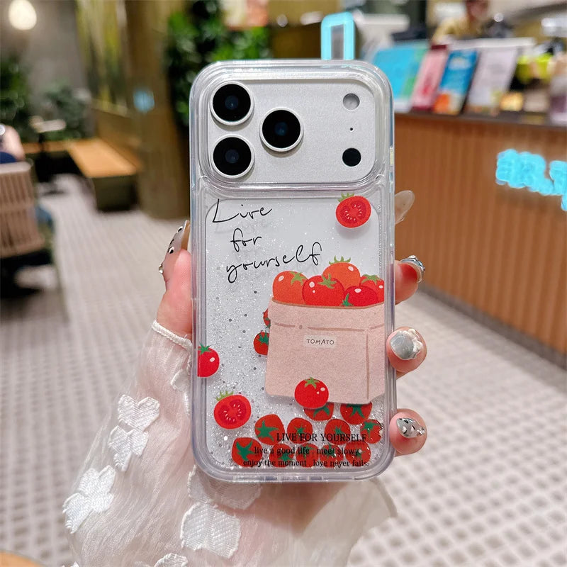 Floating Tomato Quicksand Case for iPhone 15 16 17 Pro Max Phone Cases Liquid in Shell Back Cover Glitter Moving Sand Funda Girl