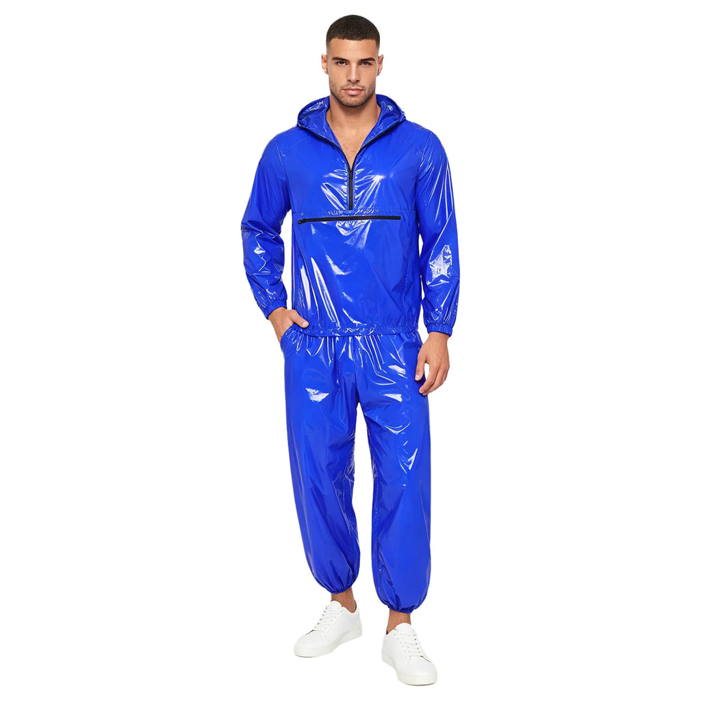 Mens Waterproof Tracksuit Sauna Sweat Outfit Zipper Pocket Hoodie Sweatshirt Windbreaker And Jogging Pants Rainwear Sportswear