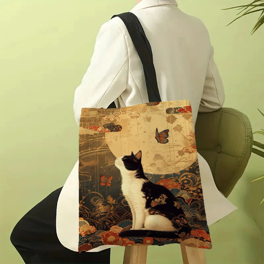 Classic Black And White Cat Tote Bag With Cat Print, Reusable Shoulder Shopping Beach Bag For Women, Durable Casual Carryall
