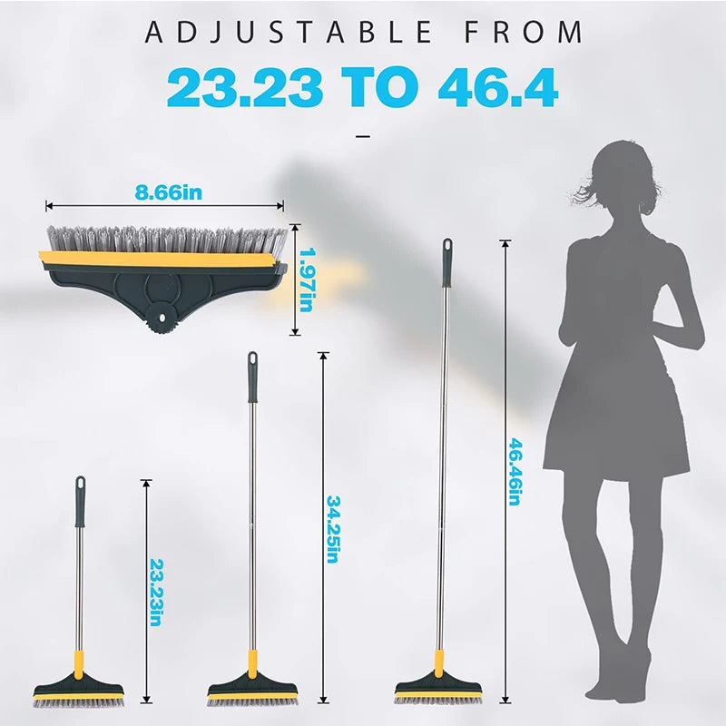 Scrub Brush Tile Cleaner Brush with Scraper with Squeeze 3-Section Adjustable Bathroom Brush with Long Handle V-Shaped Bristles