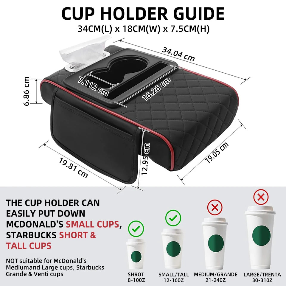 Center Console Organizer with Cup Holder Car Armrest Storage Box Armrest Heightening Cushion Pad for Car Interior Auto Accessory