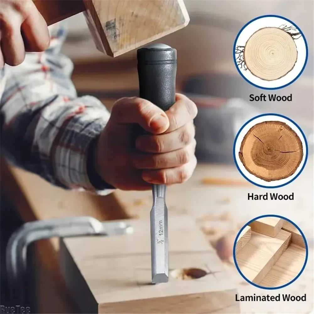 19/25/32/38mm Carpentry Tools Woodworking Chisel Wood Chisel Carbon Steel Chisel with Hammer End and Anti-Slip Handle Hand Tool