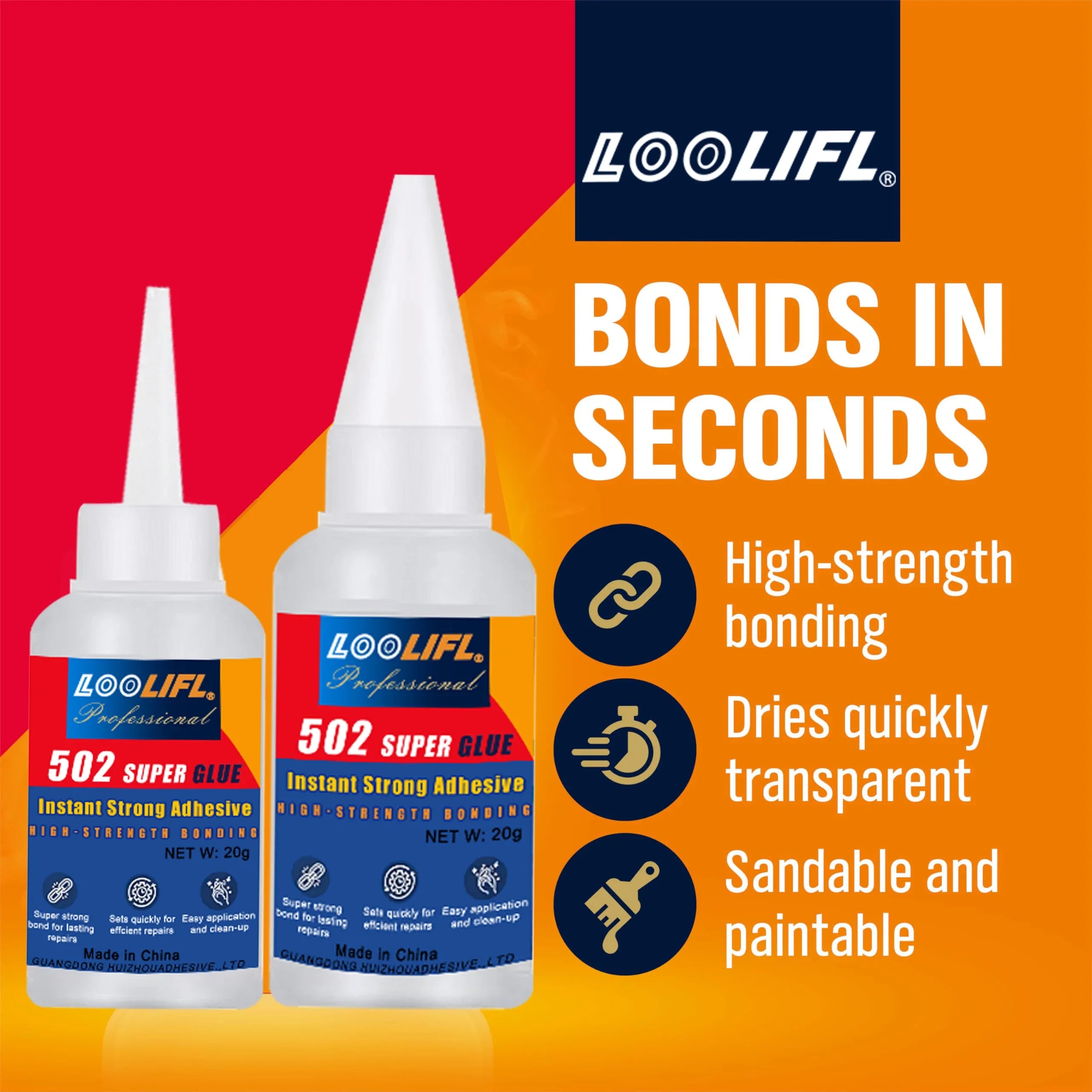 Loolifl Professional 502 Fast Adhesive Waterproof Universal Repair Glue Food Safe Ca Glue for Plastic, Wood, Metal, Ceramic, Glass, Super Glue, Stable and Safe