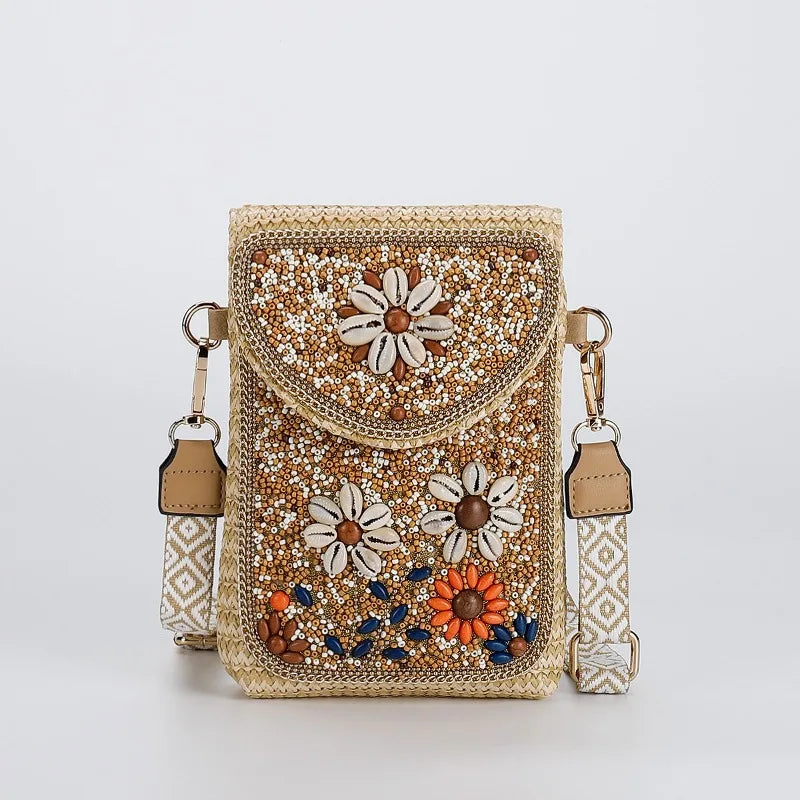 Advanced straw woven crossbody bag, new fashionable rice bead bag, European and American woven women's shoulder phone bag