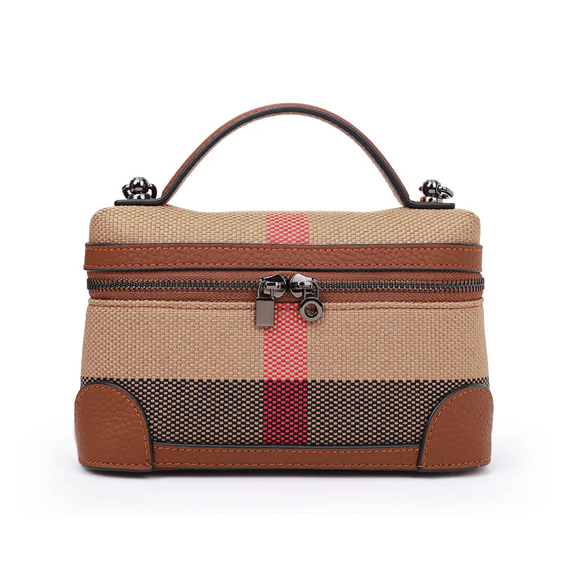 Aidrani  New women's shoulder crossbody mini bag, plaid small square bag, made of canvas and cowhide material