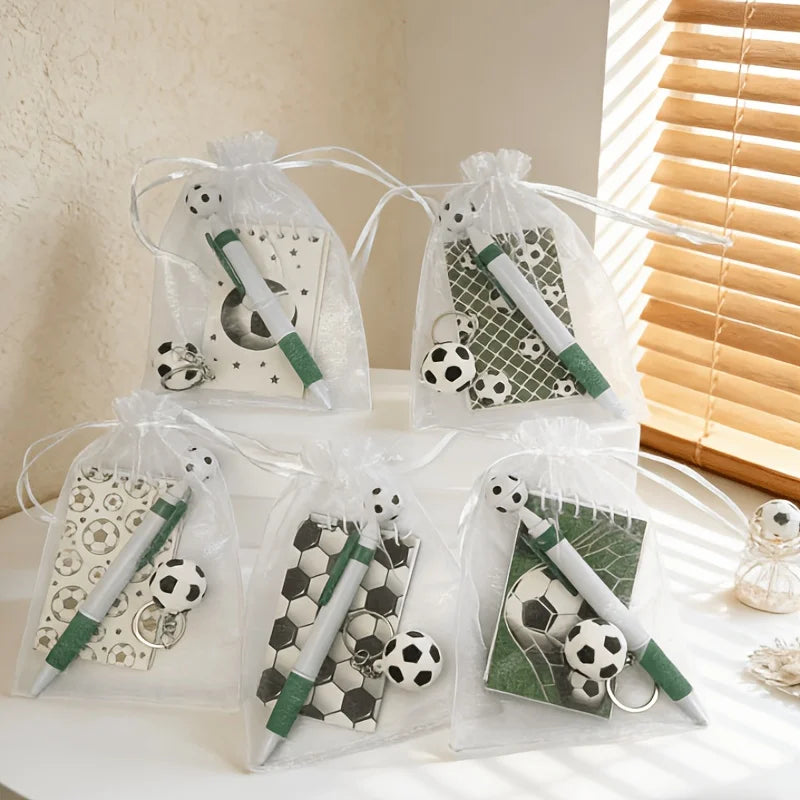 Soccer Theme Stationery Gift Pack of 10, Pocket Notebooks, Soccer Keychains, Soccer Pens, Gift Bags, Party Favors, School Gifts.