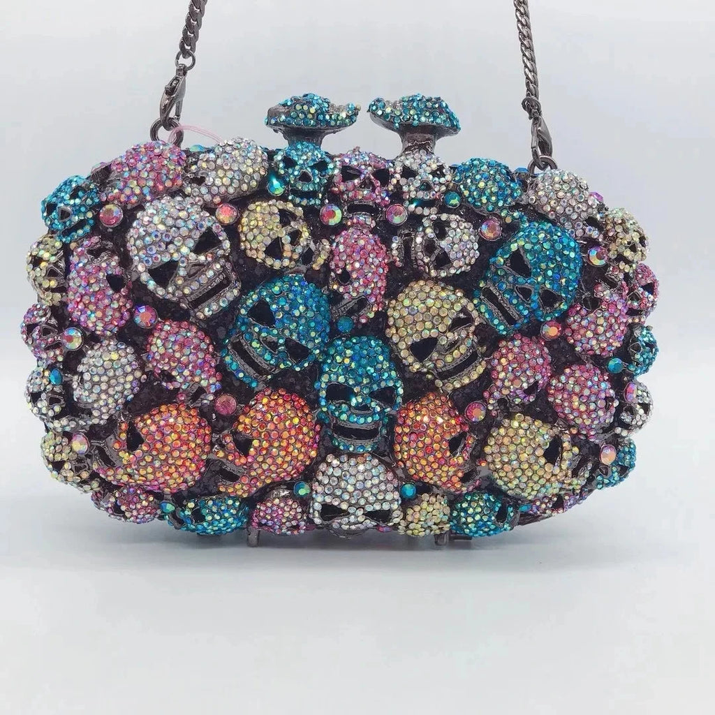 WHTUOHENG Skull Style Women Crystal Clutch Purse Metal Hard Box Handbag For Designer Rhinestone Female Diamond Party Prom Bags
