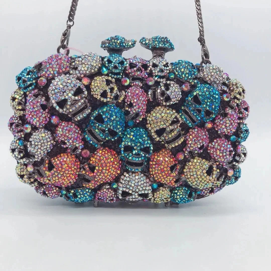 WHTUOHENG Skull Style Women Crystal Clutch Purse Metal Hard Box Handbag For Designer Rhinestone Female Diamond Party Prom Bags
