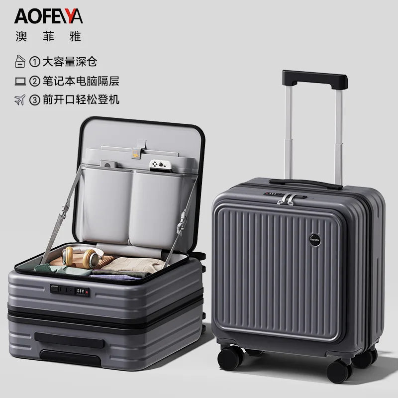 Front Opening Luggage 18 20 Inch Carry On Suitcase Lightweight Spinner Wheels Mini Travel Trolley Case with Laptop Compartment