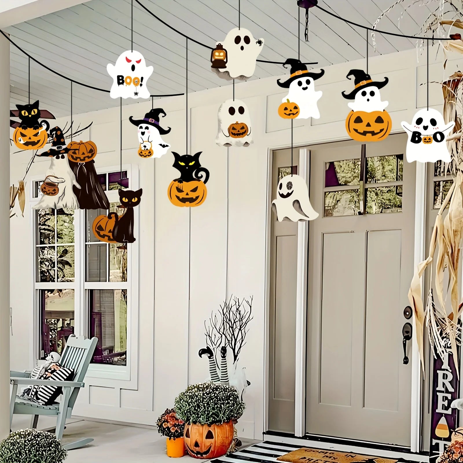 12pcs Halloween Theme Cute Pumpkin Black Cat Ghost Design Paper Halloween Ghost Decorations