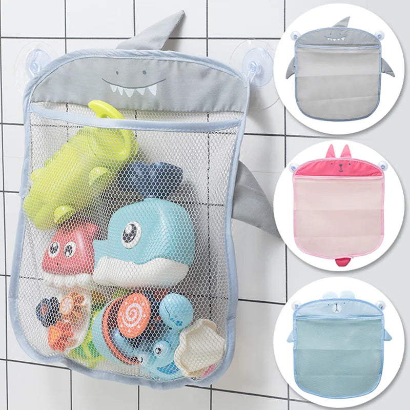 Cute Shark Bath Toy Organizer Mesh Storage Bag with Strong Suction Cups Quick Dry Net Bathroom Hanging Bin for Toddler Kids Baby