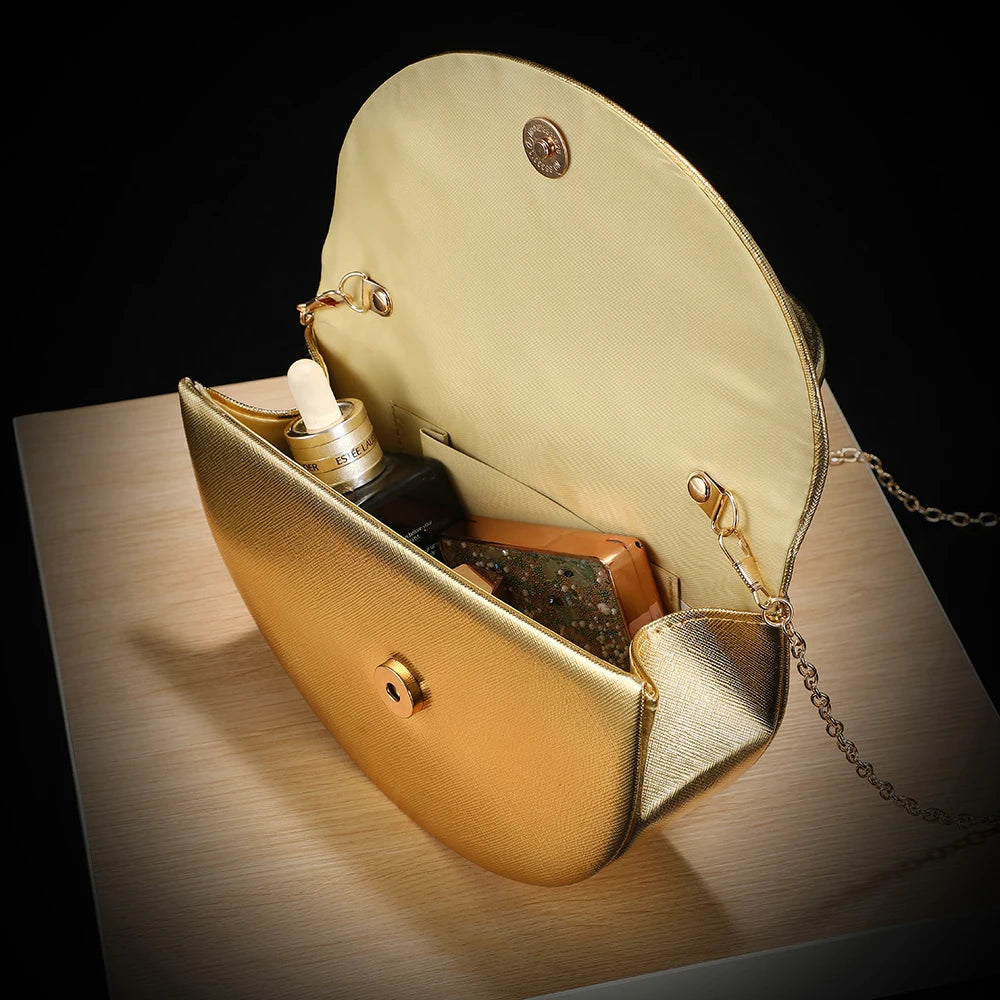 New fashion halfmoon handbag shiny evening dress bag delicate metal chain shoulder bag fashion gift bag small items storage bag