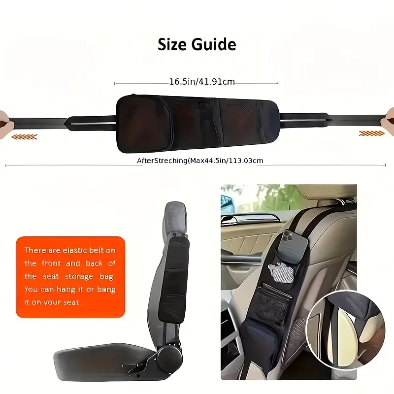 Black car seat storage bag, multi-pocket space - fabric suspended rear seat accessory with grid pockets