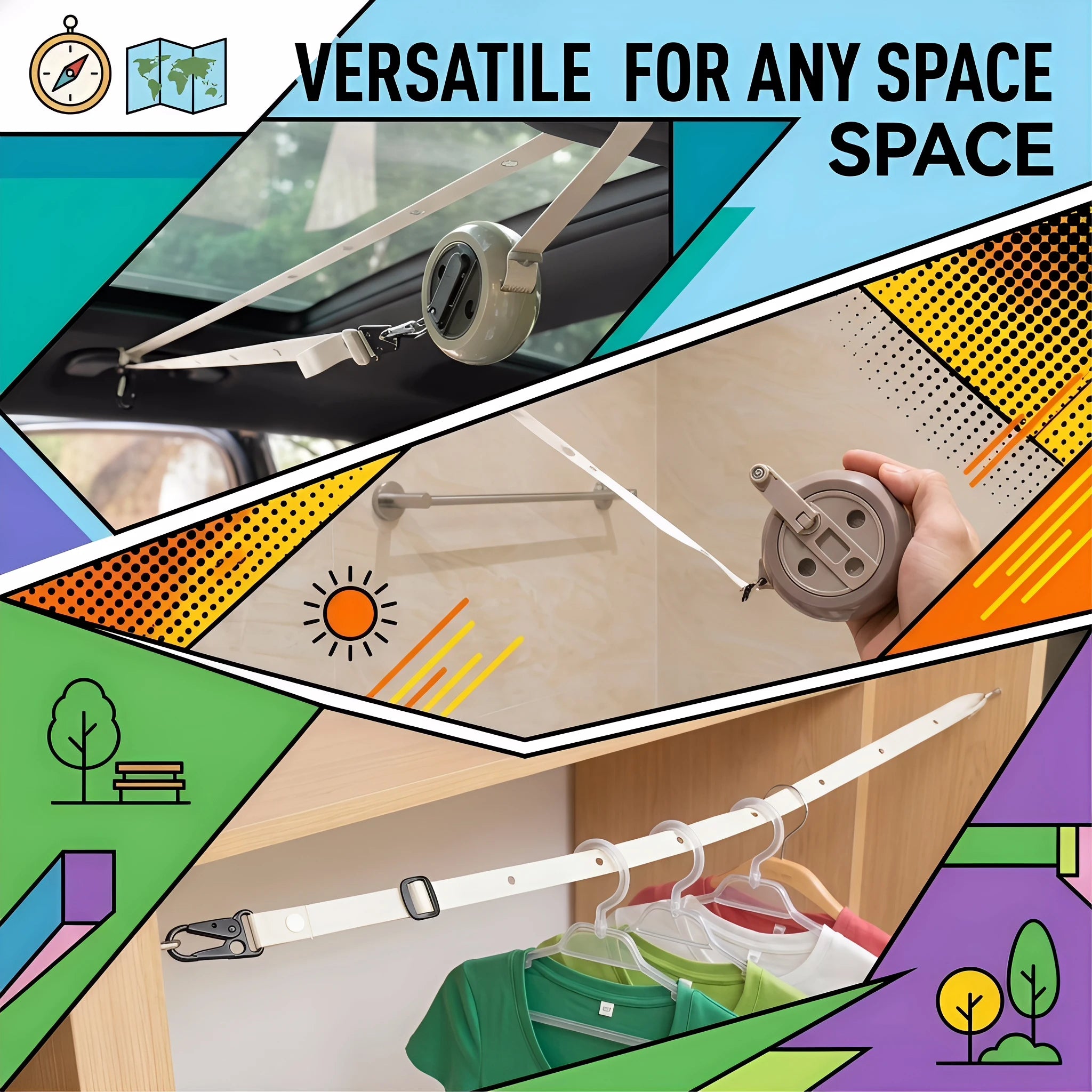 Portable Travel Clothesline 4.1M with 41 Hanging Holes Windproof Anti-Slip No-Drill Laundry Line for Car Hotel Camping Indoor