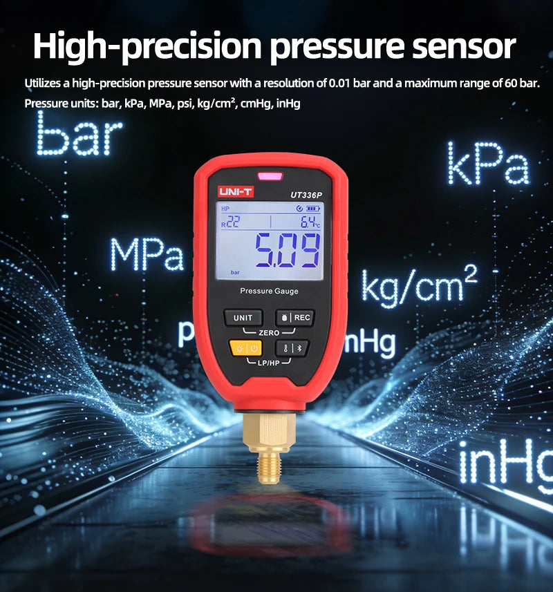 UNI-T UT336P KIT Digital Pressure Gauge Kit with UT-T19 Temperature Gauge Bluetooth APP Clamp for HVAC Maintenance