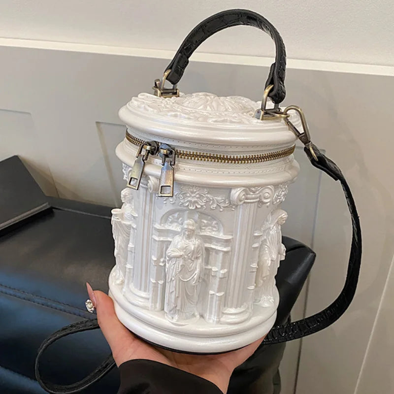 Baroque Style 3d Embossed Bucket Bag Creative Sculptural Cylinder Handbag Unique Retro Artistic Design Crossbody Purse For Women