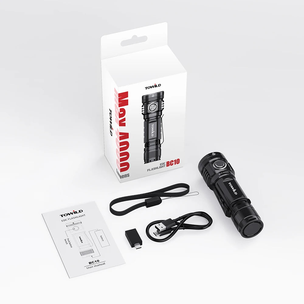 TOWILD BC10 EDC Flashlight Portable Rechargeable 4000lm IPX8 High Power Led Flashlight 21700 Torch For Camping  Outdoor Lighting