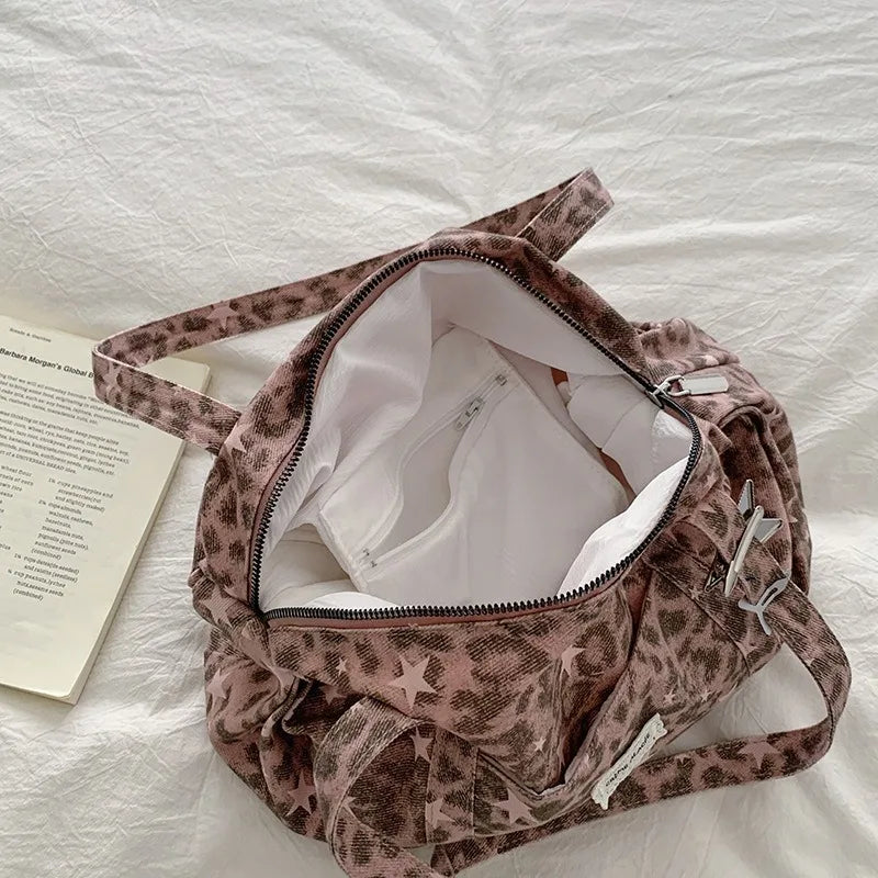New Fashion Fold Shoulder Bag Women Korean Style Large Capacity Canvas Leopard Print Tote Bag Stylish Relaxed Commuting Bag