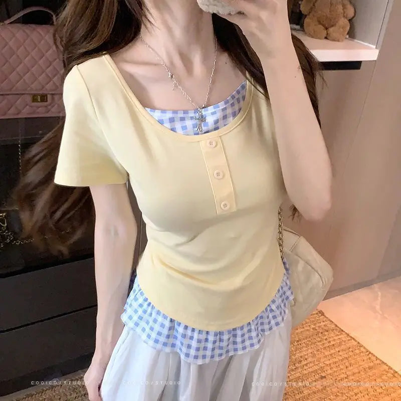 Summer Plus Size Women's New Commuter Style Fake Two-Piece Color-Contrast Spliced Plaid Round Neck Short Sleeve T-Shirt